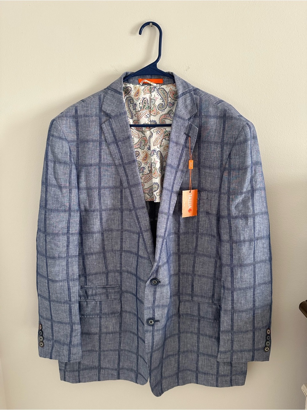 TALLIA Light Blue Windowpane Sport Coat with Paisley Lining NWT - Cotton/Linen